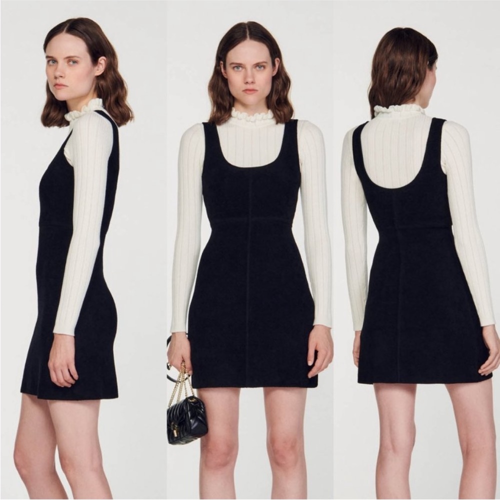 Sandro Black and Cream Pinafore Sleeve Dress